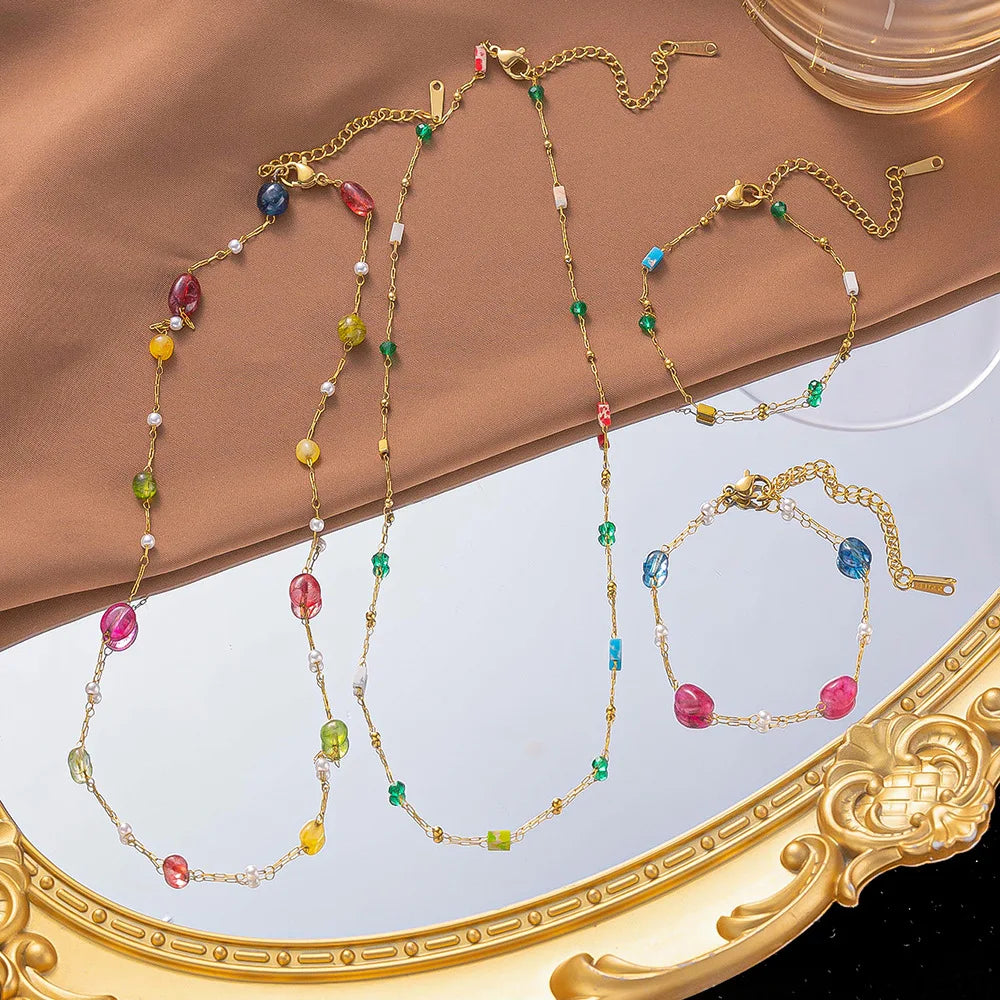 Handmade Women's Titanium Steel Gold-Plated Stainless Steel Pendant Necklace New Cross-Border Fashion Natural Stone Personalized
