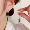 Dainty Jewelry Crystal CZ Leaf Earrings Green Bling Rhinestone Crystal Leaf Dangle Earrings for Women