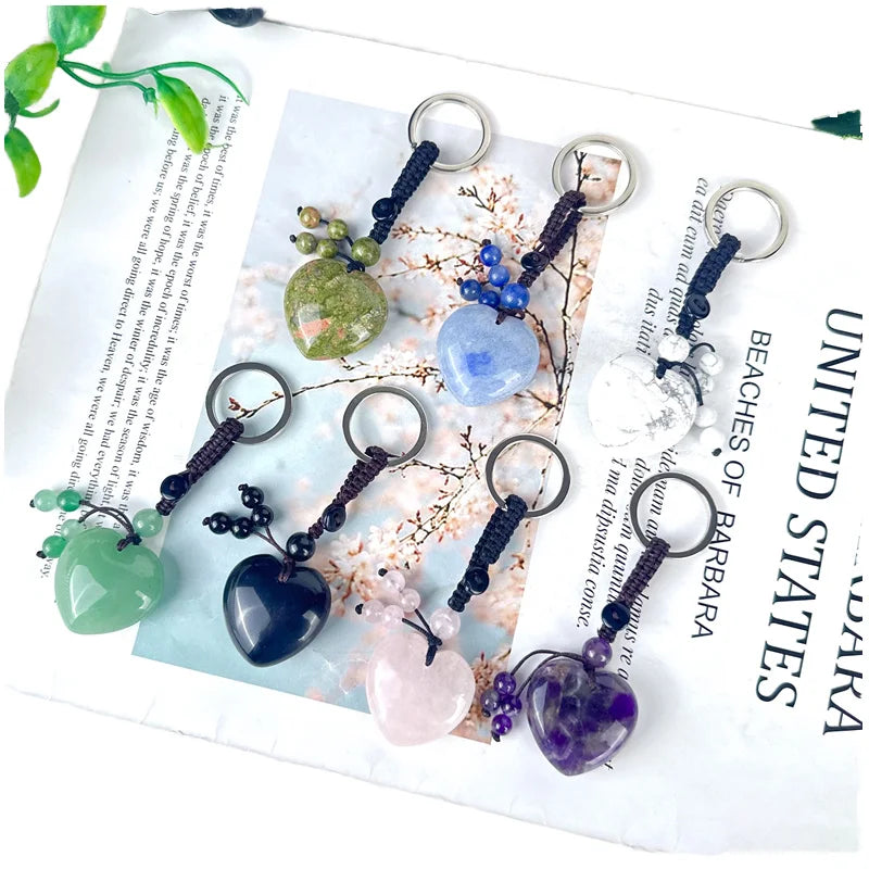 Wholesale Natural Crystal Heart Keychain Woven Keychain Pendant for Gift