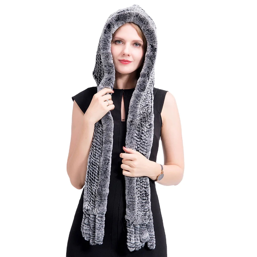 MWFur Lady's Winter Hat Head Warmer Fur Hat Scarf Fashion Knit Rex Rabbit Fur Hat with Scarf Fur Hooded Scarf