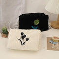 Portable Women's Storage Cosmetic Pouch Large Capacity Cotton Linen Embroidered Flowers Makeup Bag