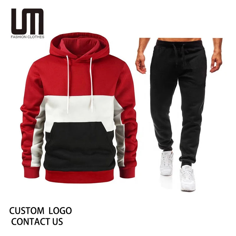 Cheap OEM Custom Logo Breathable Men's Sportswear Casual Tracksuit Autumn Hoodie Pants Sweat Suit Patchwork Pattern