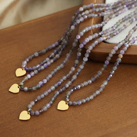 Fashion Natural Amethyst Beaded Necklace Gold Heart Pendant Jewelry Healing Crystal Necklace for Women