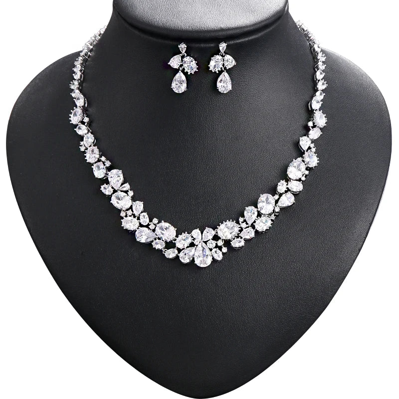 Weiman 3A Waterdrop Cubic Zirconia Necklace Earring Set Rhodium Silver Plated Brass Jewelry Bridal Engagement Wedding Party Prom