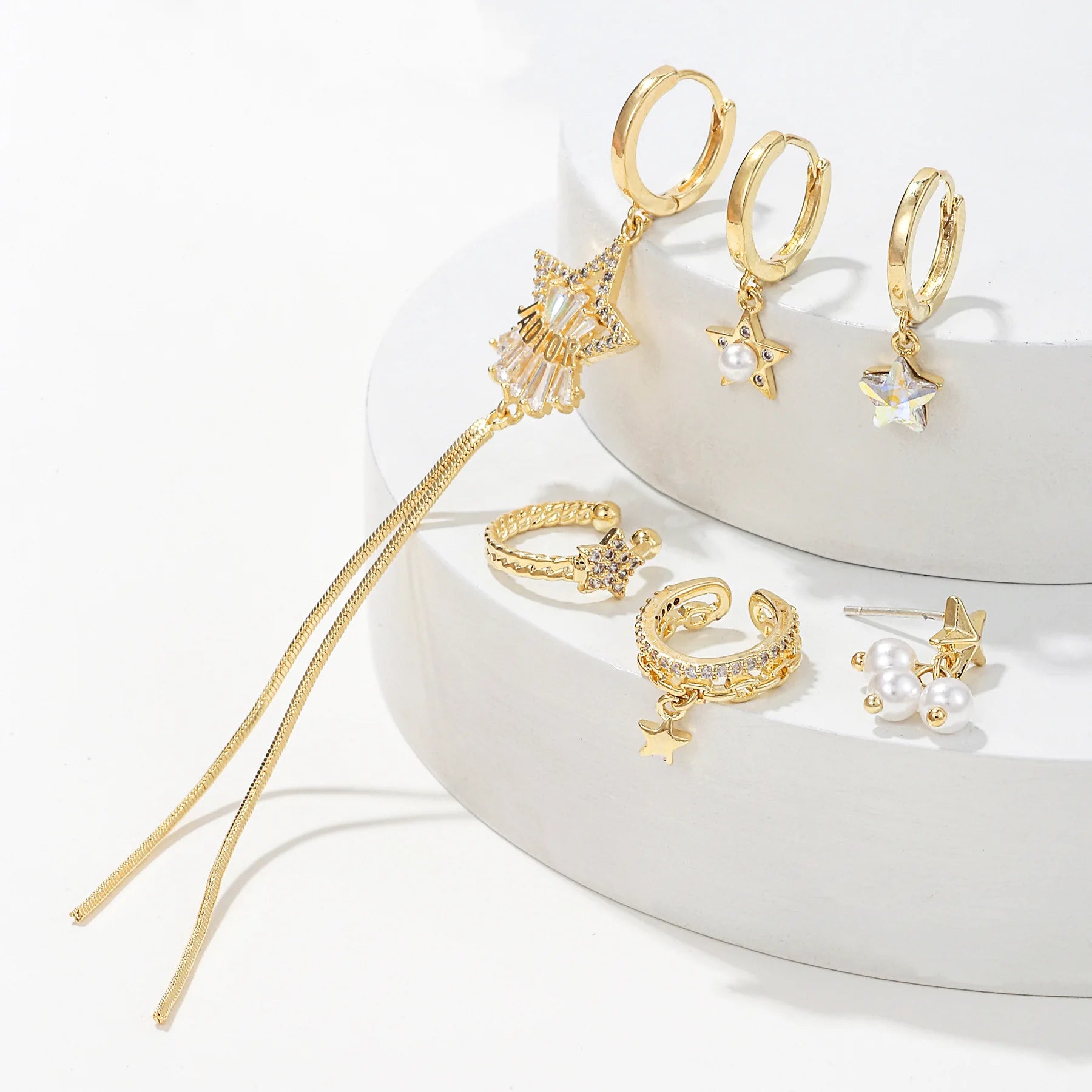6pcs New Arrived Elegant Star Earring Sets Long Tassel Pearl Hoops Zircon Star Earring Set