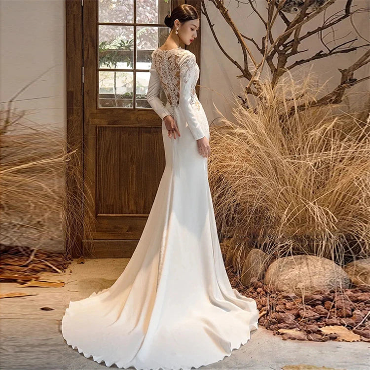 Satin Light Wedding Dress Long Sleeve Slim Fishtail Slim  Temperament Lace French Hepburn Wedding Dress for Women Robe Marriage