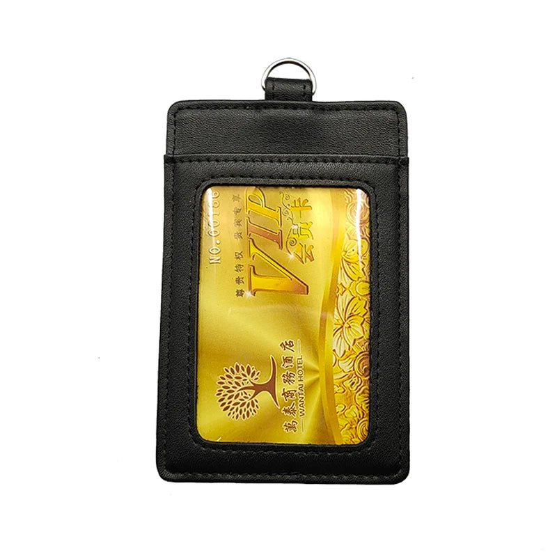 Customized Black Cow Leather RFID Business Name Tag Lanyard Card Holder for Office School