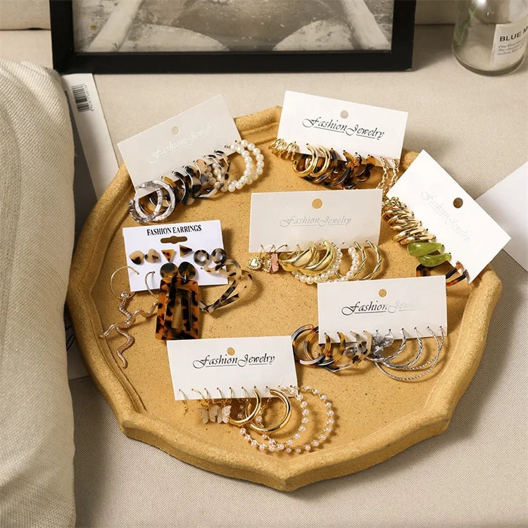New Women Fashion Oversize Geometric Pearl Stud Earrings Set Gold Twist Earring Set Brincos Big Circle Leopard Hoop Earrings