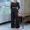 2025 New Women Elegant Suit O-neck Half Sleeve With Belt Top Long Wide Leg Pants Two Piece Set Lady Summer Office Set