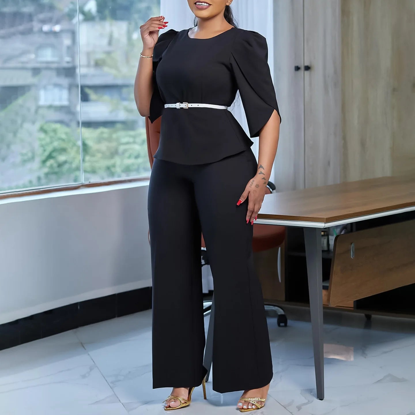 2025 New Women Elegant Suit O-neck Half Sleeve With Belt Top Long Wide Leg Pants Two Piece Set Lady Summer Office Set