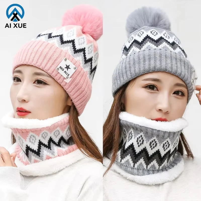 Factory Lovely Pink Blue Jacquard Knit Winter Beanie Hat Neck Scarf Set for Girls Polyester/Cotton 2-Piece Hot-selling