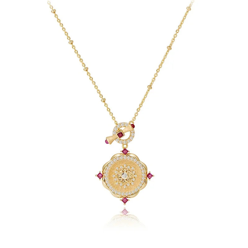 Aimgal Palace Style Vintage Leb Ruby Rose Window Pendant Necklace Hand-Brushed OT Buckle Chain 18K Gold-Plated 925 Silver Fine