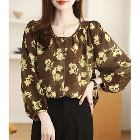 M-3XL Floral Print Coffee Shirt Women Long Sleeve Elegant Fashion Chiffon Blouse Lady Casual Buttons Top 8040#