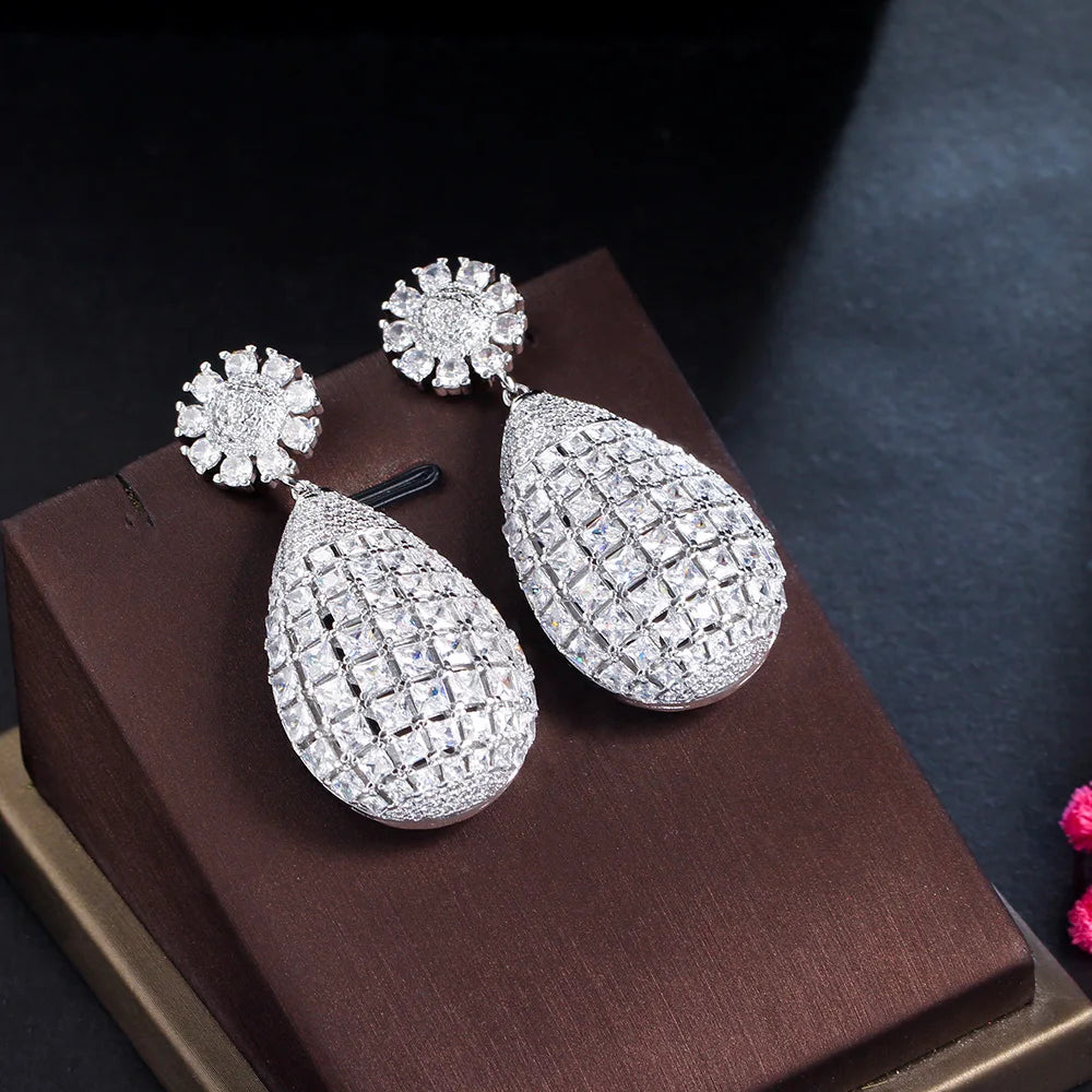 Brilliant White Cubic Zirconia Setting Hollow Big Half Round Drop Long Earrings for Women CZ Wedding Dubai Gold Bridal Jewelry