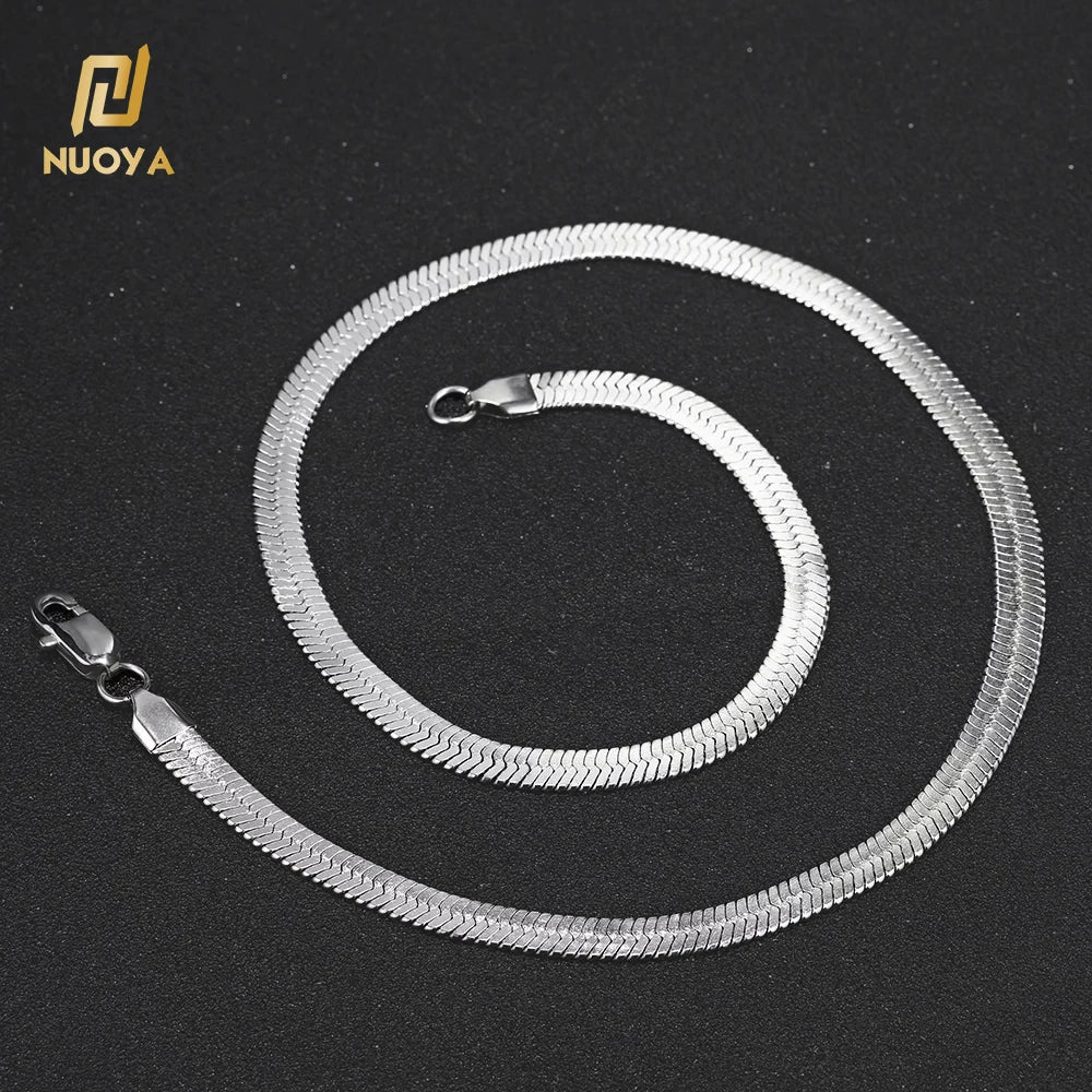 Hip Hop Silver Chain Herringbone Necklace Flat Stainless Steel Snake Chain Choker Necklace