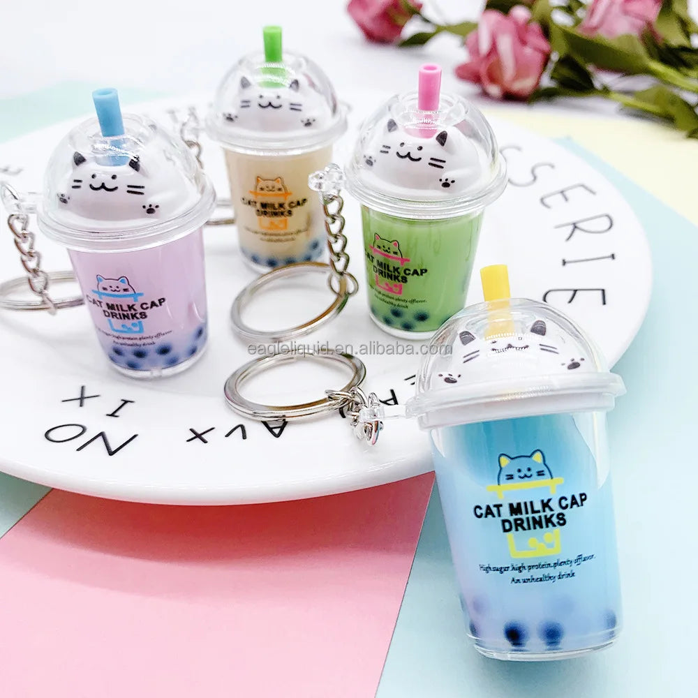 Cartoon Cute Cat Mini Milk Tea Cup Liquid Crystal Quicksand Sequin Keychain Coffee Cup Keychain