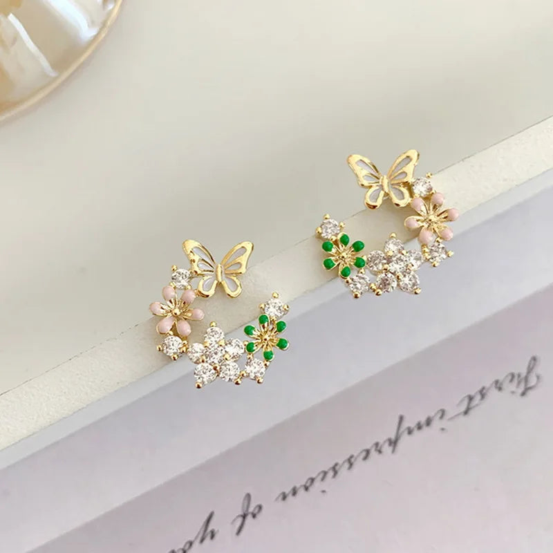Fashion Custom Women Gold Plated Stud Earrings High Quality New Butterfly Flower Leaf Zircon Stud Earrings