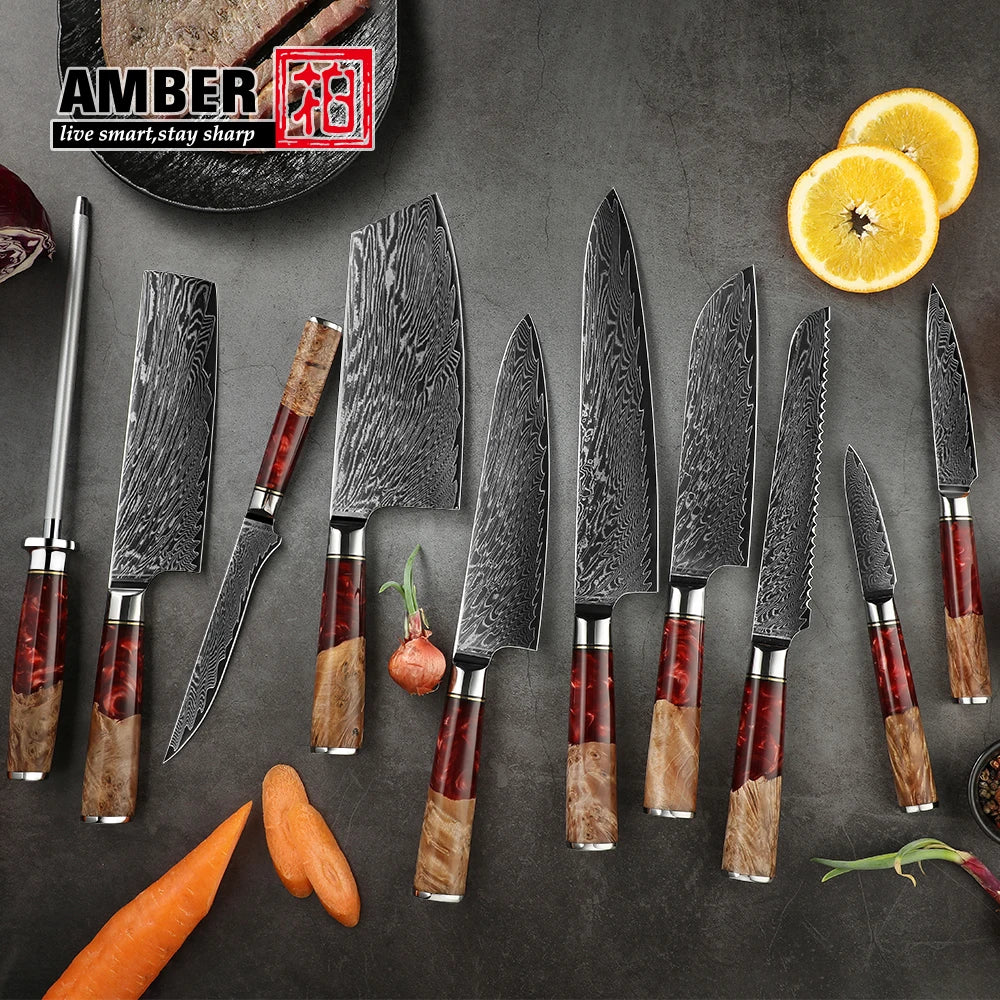 Amber10pcs Knife Set High Quality Red Resin Handle Vg10 Damascus Steel Kitchen Knife Set