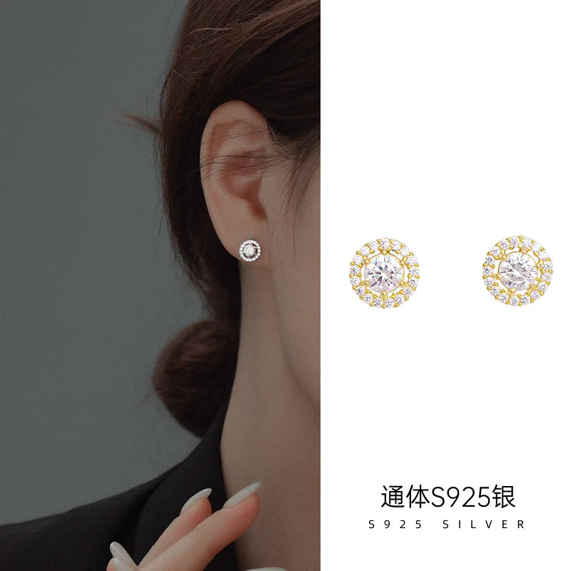 Fashion Earrings Jewelry 925 Sterling Silver Small Earrings Round Circle Full Diamond Gold Plated Stud Earrings for Women