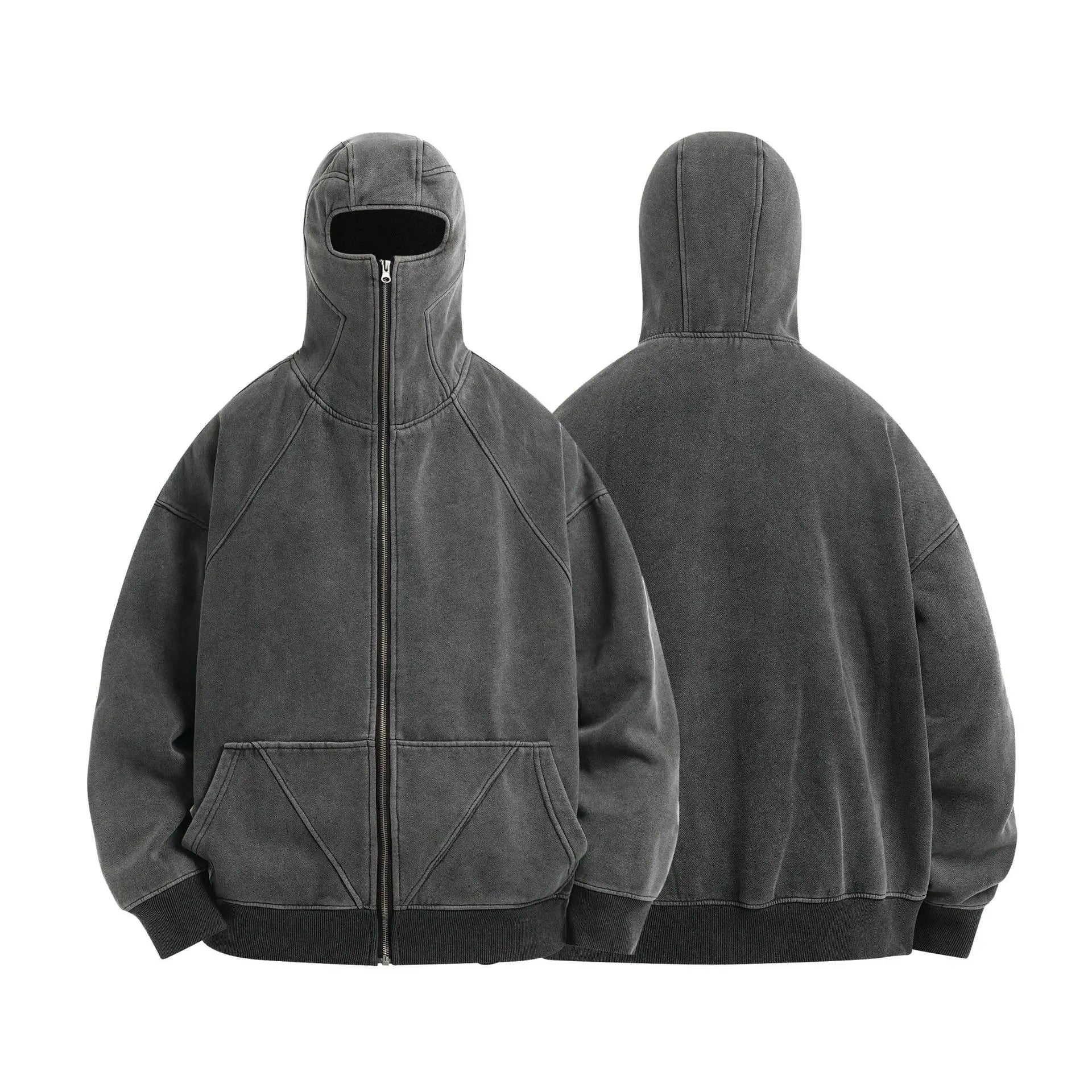 Factory Wholesale Custom Men's Acid Wash Full Face Zipper Hoodie  Dropped Shoulders Vintage Blank Heavy Weigh Hoodie