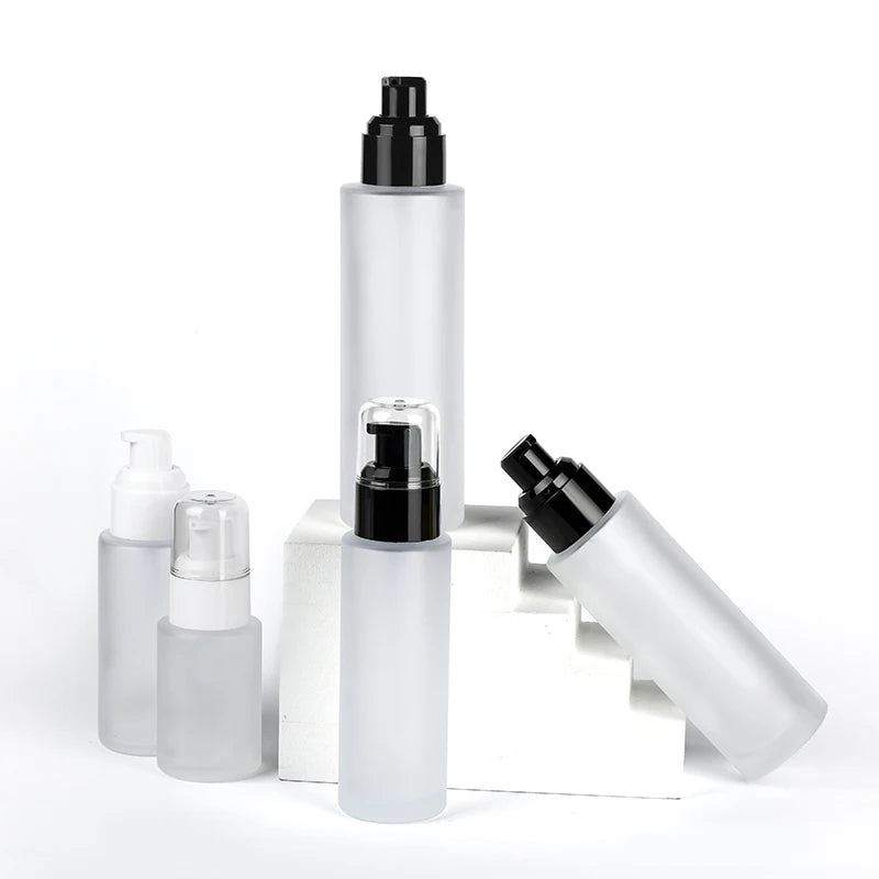 Manufacturer Flat Shoulder 20ml 30ml 40ml 50ml 60ml 80ml 100ml 120ml Frosted clear Glass Bottle with Plastic Pump Sprayer