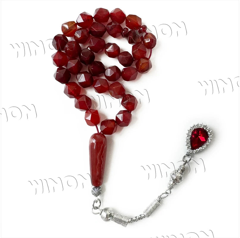 Natural Red Agate Diamond Cut 10mm Beads With Silver Accessories Misbaha Prayer Beads Islamic Tasbih Muslim Rosaries