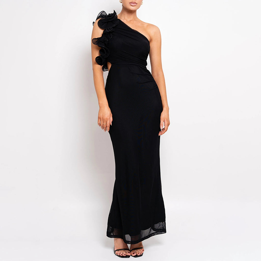 Custom Brand Sexy Slim A-Line Maxi Dress Asymmetrical One-Shoulder Floral Mesh Customizable Bodycon Long Gown for Summer