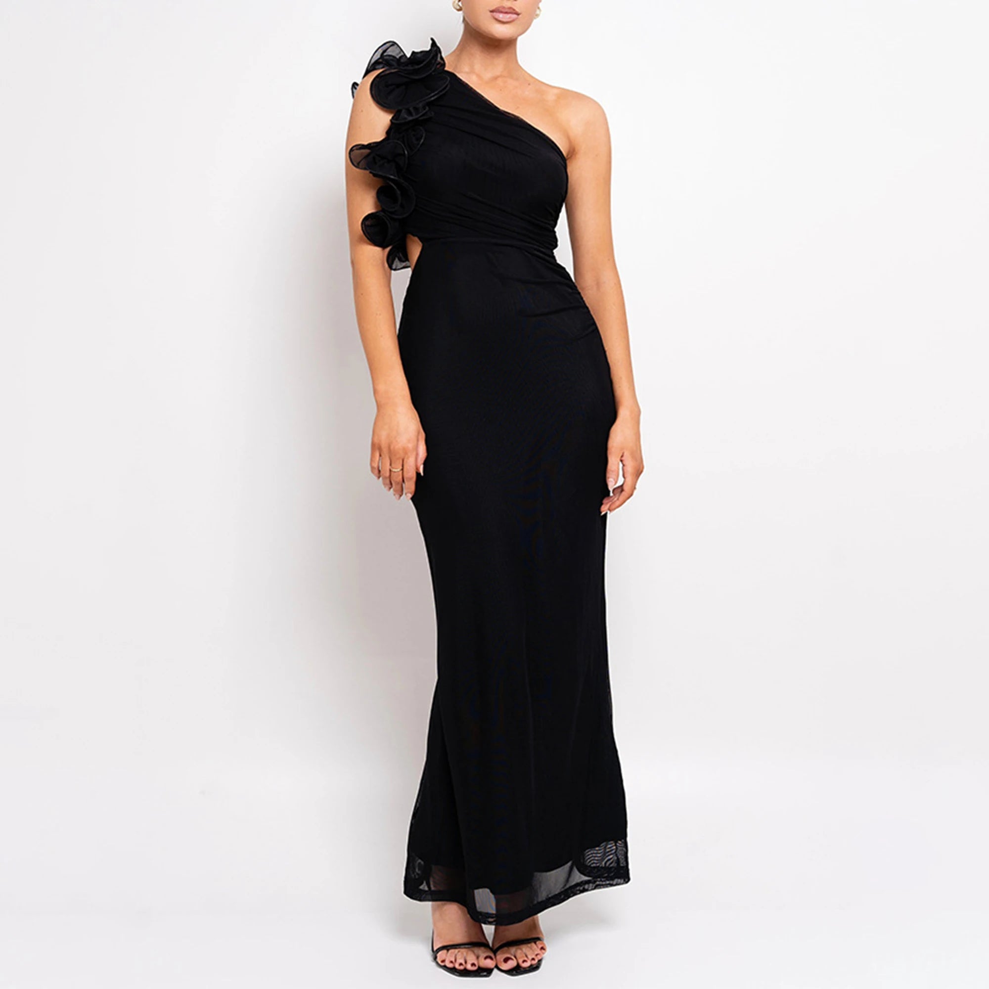 Custom Brand Sexy Slim A-Line Maxi Dress Asymmetrical One-Shoulder Floral Mesh Customizable Bodycon Long Gown for Summer