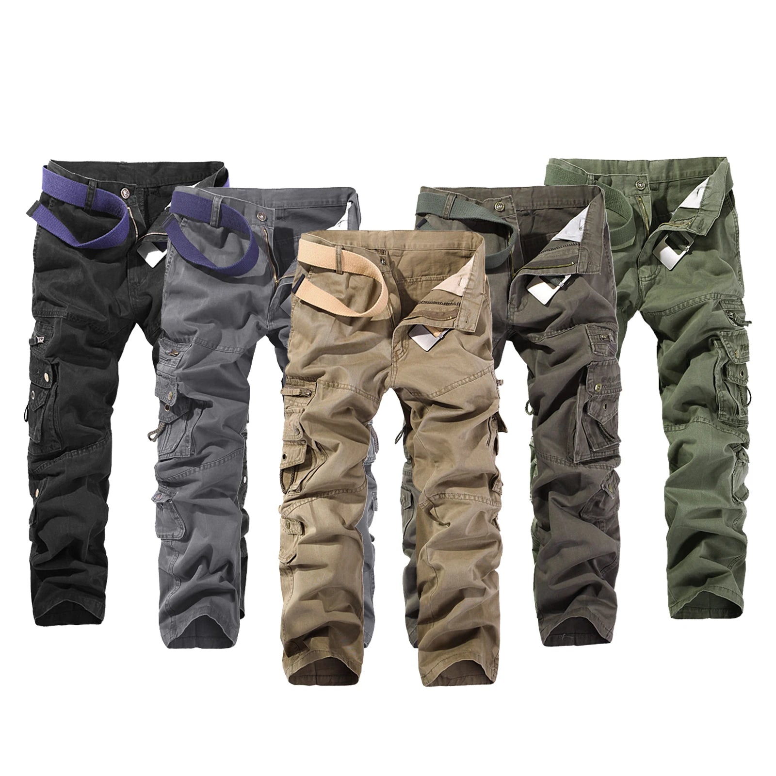 Plus Size Sporty Straight Mid Waist Breathable Windproof Cotton Multiple Pocket Outdoor Jogging Cargo Pants for Men