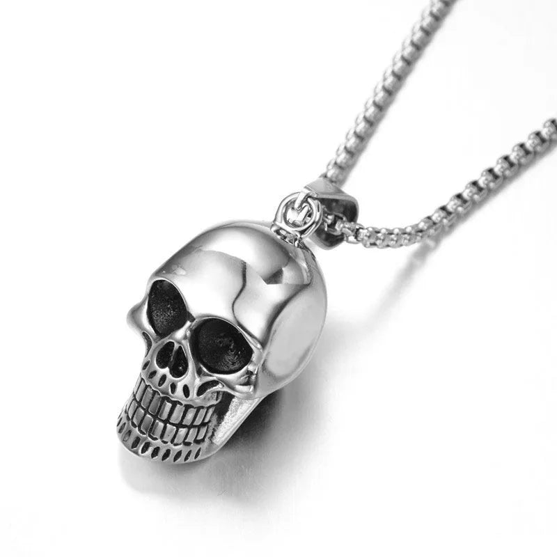 Men's New Retro Style Punk Skull Necklace Titanium Steel with Platinum and Agate Box Chain