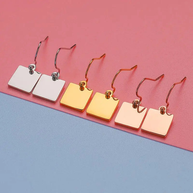 Wholesale Custom Stainless Steel Square Tag Charm Fashion Drop Earrings with Blank Features