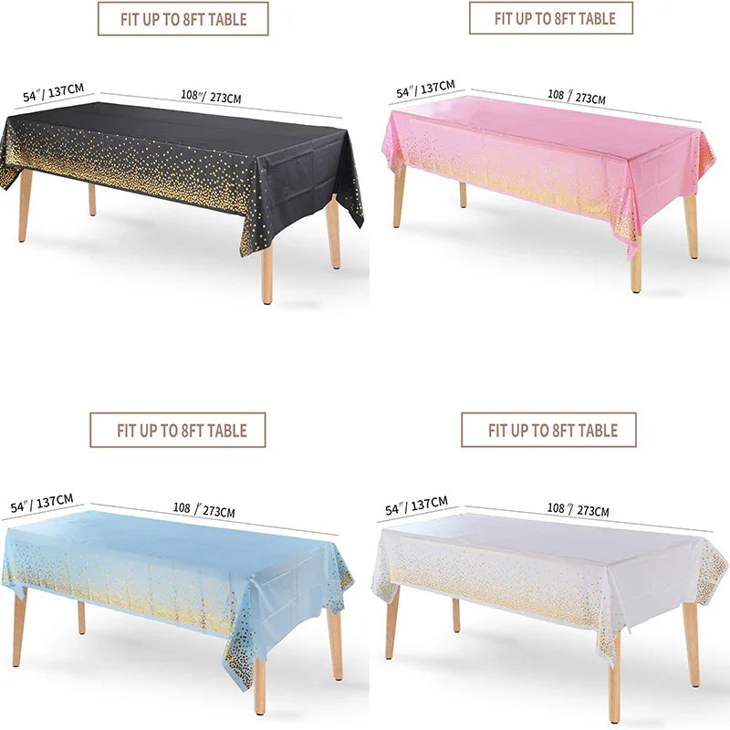 White and Gold Disposable Plastic Tablecloth Rectangle Waterproof Table Cover for Graduation Wedding Birthdays Party Decorations