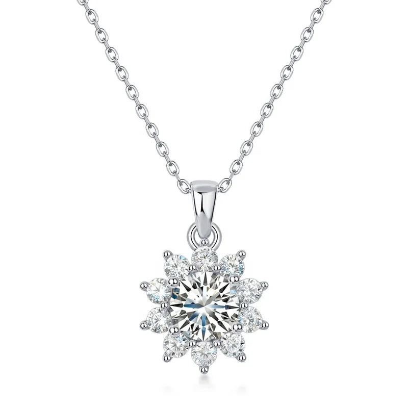 S925 Sterling Silver Round Brilliant Cut Moissanite Pendant Necklace Sunflower Halo Setting Romantic Bridal Wedding Jewelry