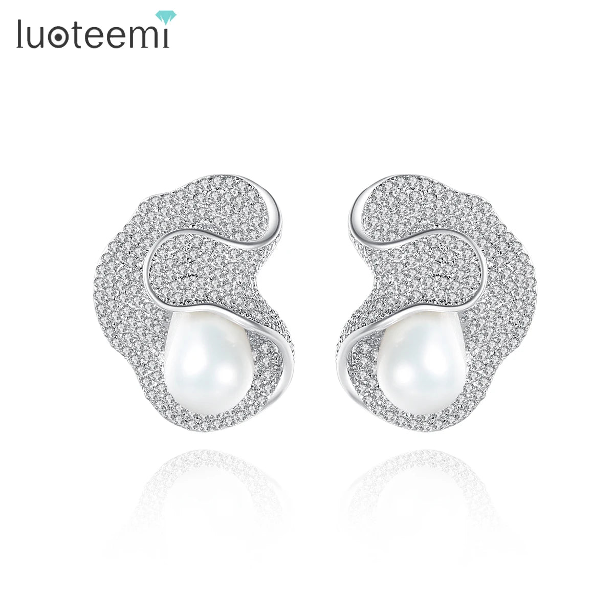 LUOTEEMI Super Luxury Tiny Cubic Zirconia Big Synthetic Pearl Unique Irregular Stud Earrings for Women
