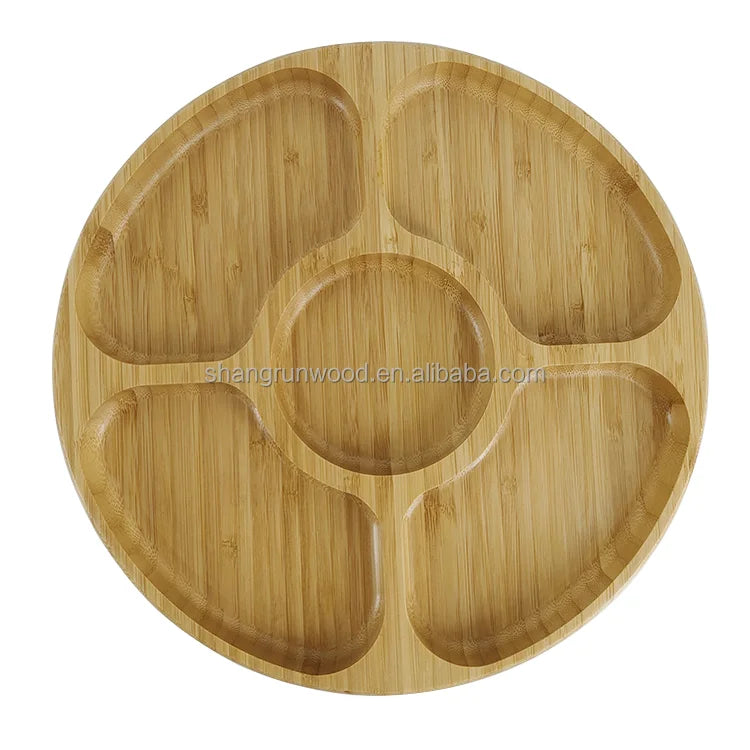 Round Custom Cheap Candy Bamboo  Dinner Wood Wooden  5 Compartment Fruit Plates