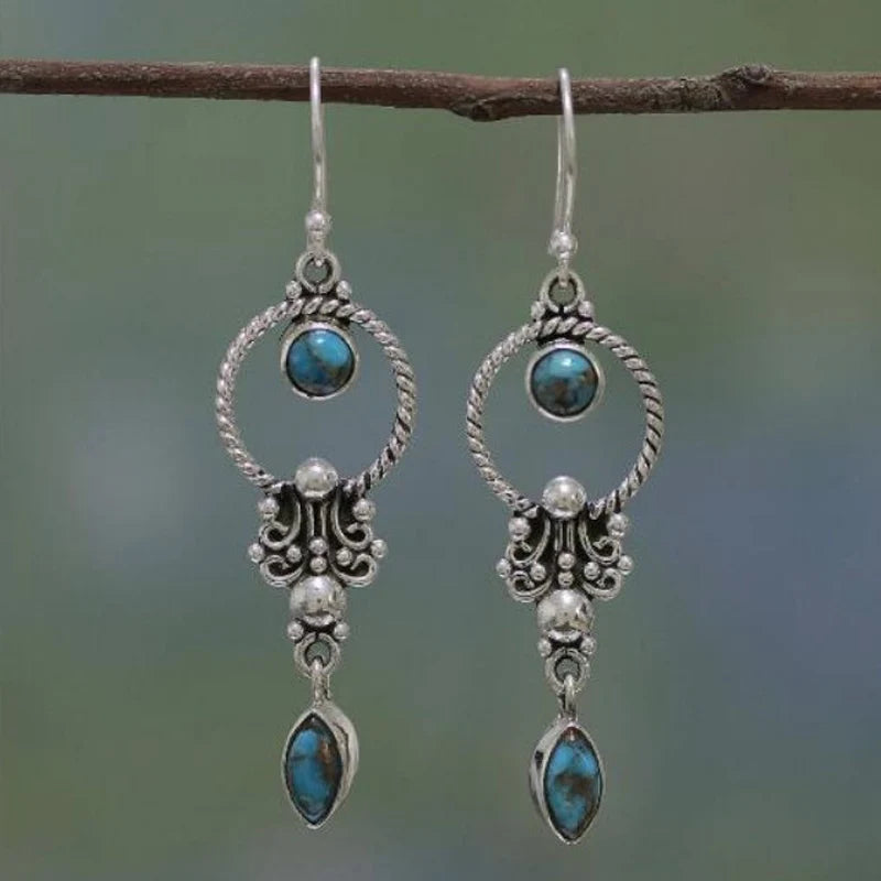 Round Water Drop Turquoise Vintage Drop Earring Women New Bohemian Retro Turquoise Statement Earrings Jewelry