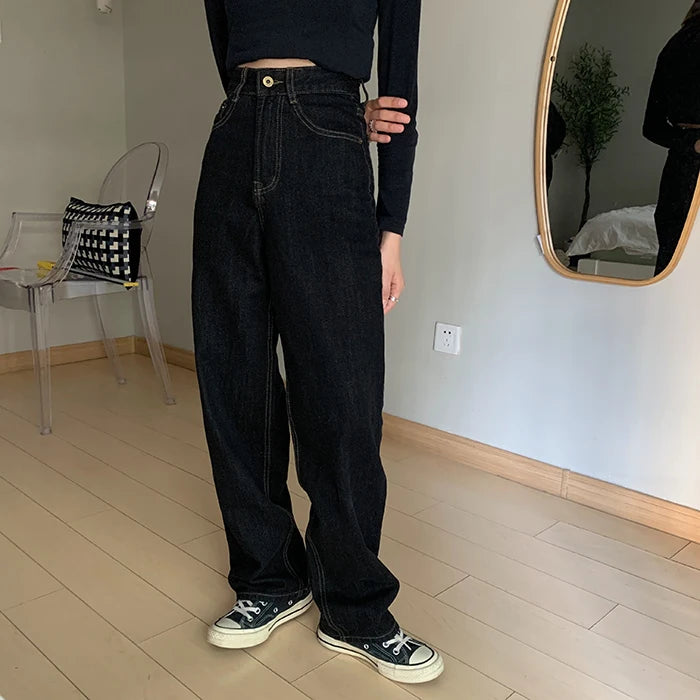 Vintage High Waist Women Black Jeans New Autumn Streetwear Wide Leg Jeans Female Denim Pants Straight Baggy Mom Denim Pants