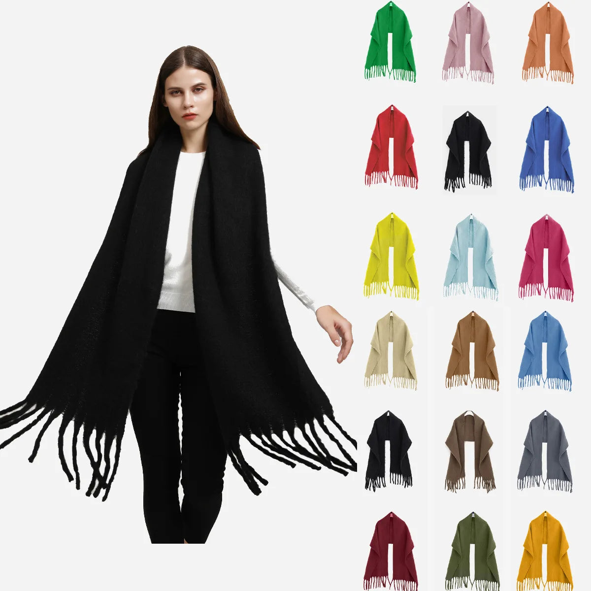 38*220cm Thick Long Tassel Shawl for Women 280g Large Size Warm Polyester Winter Scarf Explosion-Printed Traditional Shawls