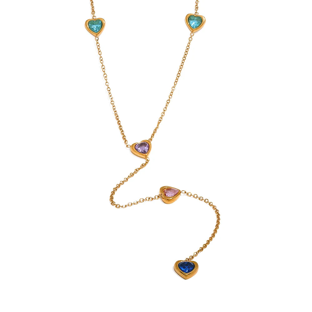2025 New Trendy Women's Trendy Y-Shaped 18K Stainless Steel Heart Necklace with Emerald Water Drop Pendant Lariat Style
