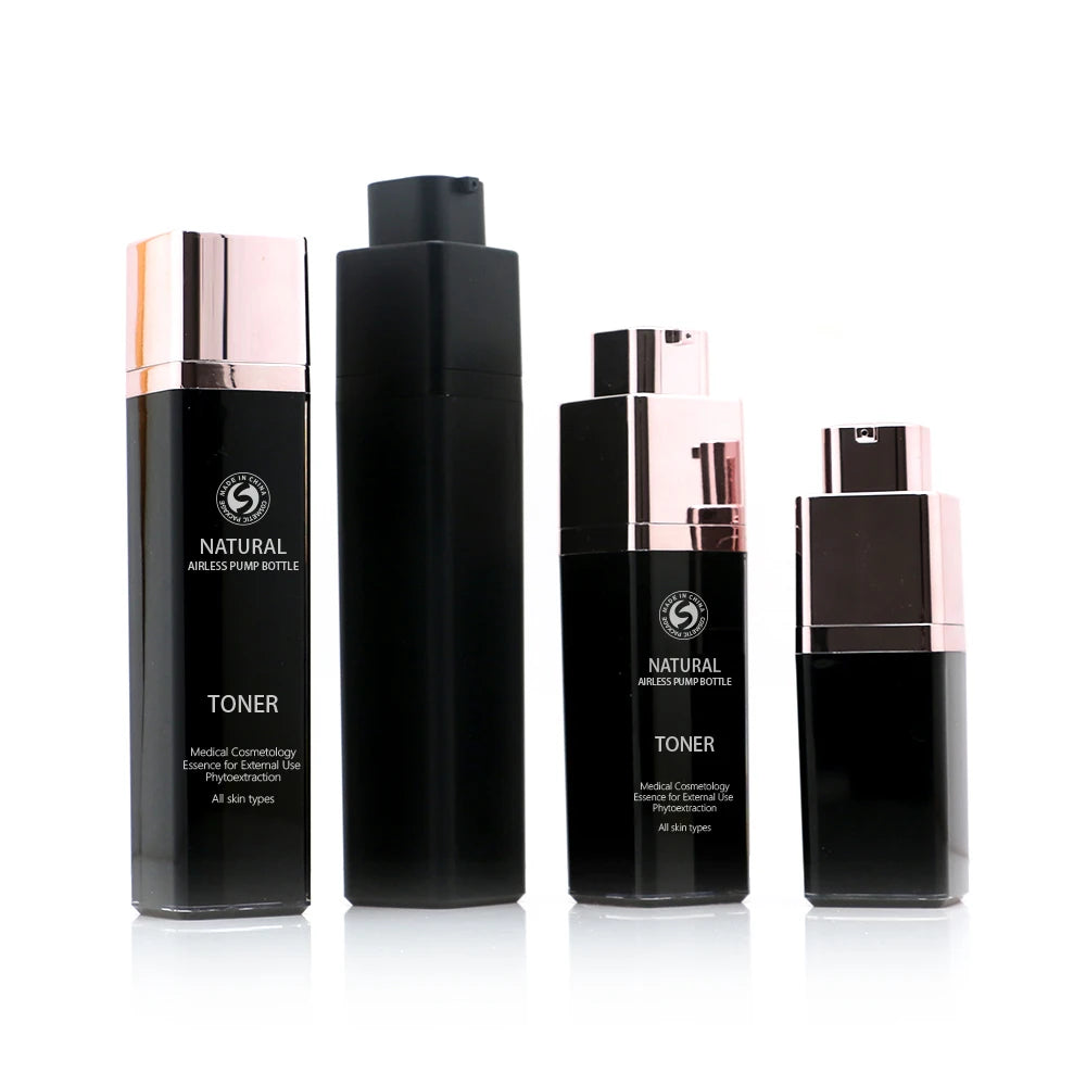 Luxury 15ml 30ml 50ml Cosmetic Packaging Plastic Bottle New Style Airless Bottle Oil Black square Pump Spray Bottle