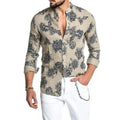 Autumn Clothes Cotton Linen Shirt Men Long Sleeves Print Hawaiian Beach Casual Single-Breasted Stand Collar Shirt