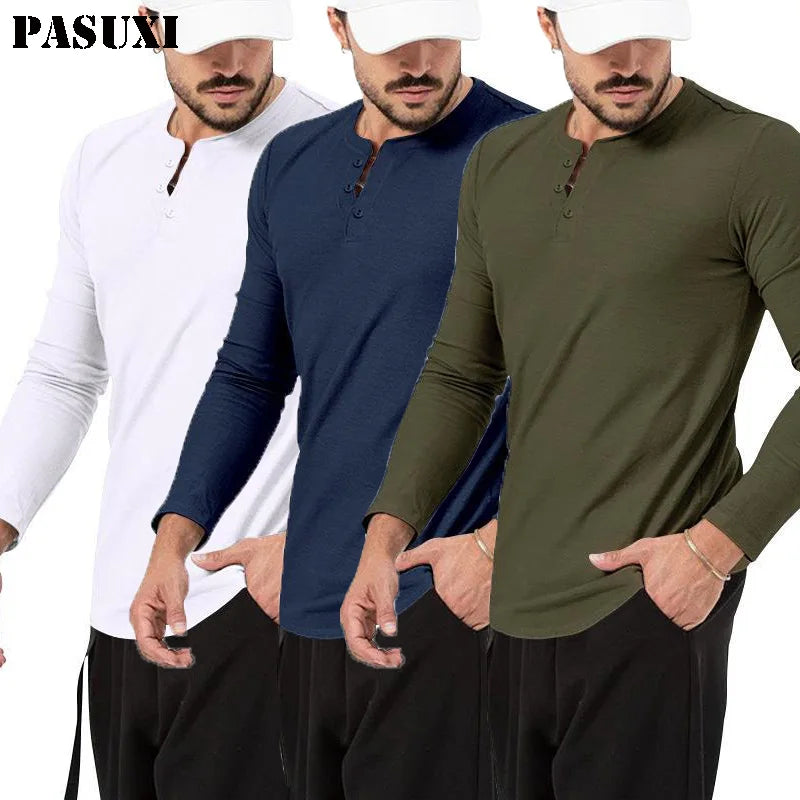 PASUXI 2026 Autumn Mens Long Sleeve T Shirt Solid Color Casual Comfortable and Breathable O Neck Tops