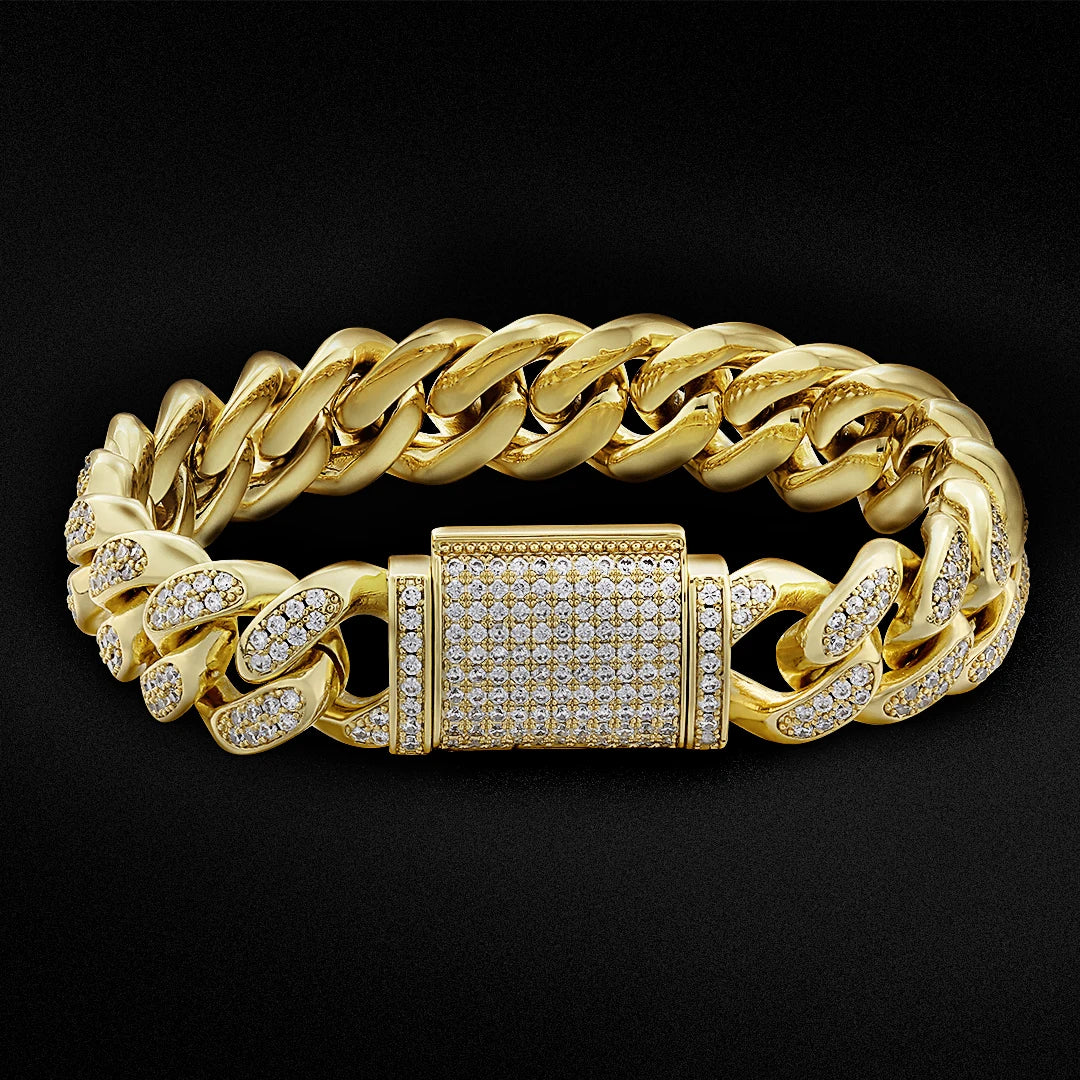 KRKC Drop Shipping 12mm 14k Gold Iced Out Bling CZ Cubic Diamond Link Chain Cuban Bracelet Box Clasp Miami Cuban Link Bracelet