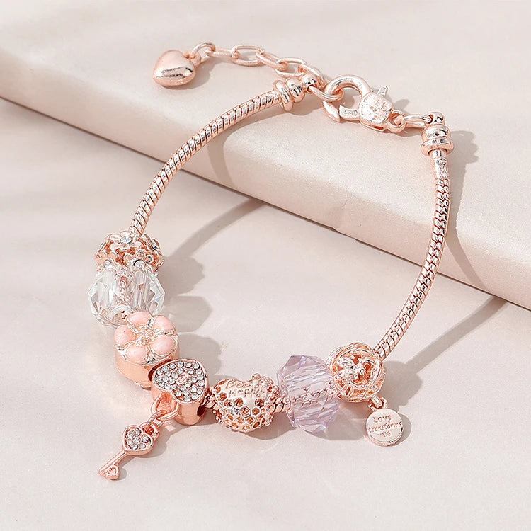 Luxury Rose Gold Plated Rhinestone Crystal Charm Bracelet CZ Cubic Zirconia Key Drop Heart Charm Bracelet for Women