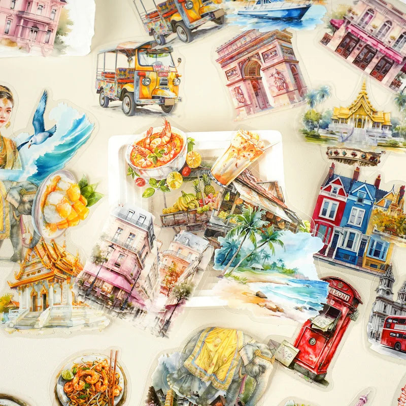 30pcs/pack Sticker Pack Holiday Journey Series Travel Architecture Handbook Material Decorative Collage Base Stickers