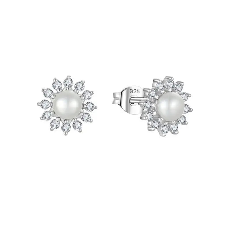 Trendy 5Mm Freshwater Pearl Wholesale Silver Platinum Snowflake Earrings Round Zircon 925 Silver Stud Earrings