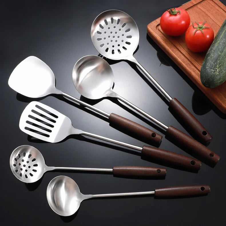 Luxury Wooden Handle Accessories Wood Kitchen Cooking Utensils Stainless Steel Kitchenware Tool Sets Wholesale