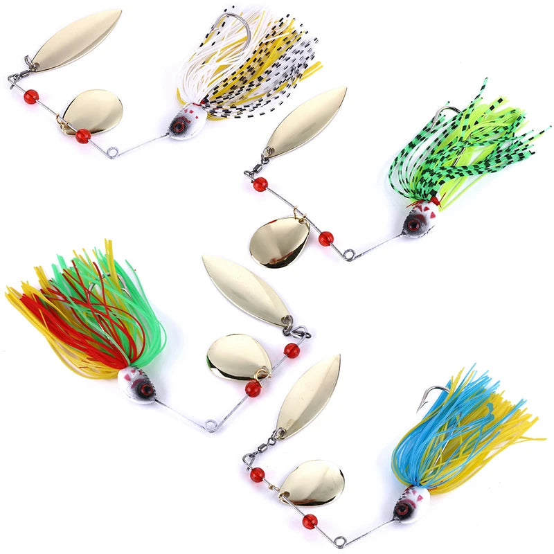 2 Blades Spinner Bait with Rubber Jig Plastic and Metal Fishing Lure Spoon for Lake River Stream Lead Head Pike Swim Baits