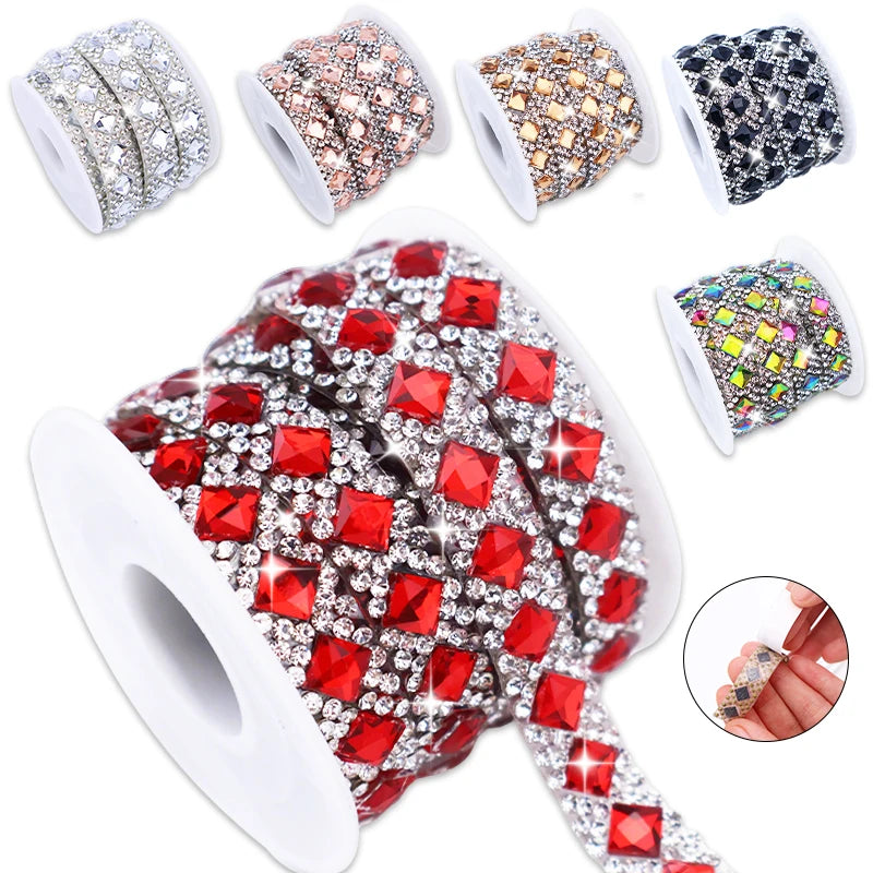 Square Crystal Diamond Decorative Strip Is Fashionable Self Adhesive Rhinestone Strip for Shoes Bags Clothing Rhinestone Trim