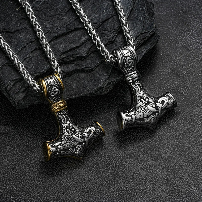 Stainless Steel Gold Plated Triangle Knot Hammer Pendant Necklace  Men's Vintage Titanium Steel Pirate Necklace